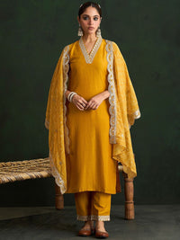 Indo Era Mustard Yellow Floral Embroidered V-Neck Straight Kurta with Trousers & Dupatta