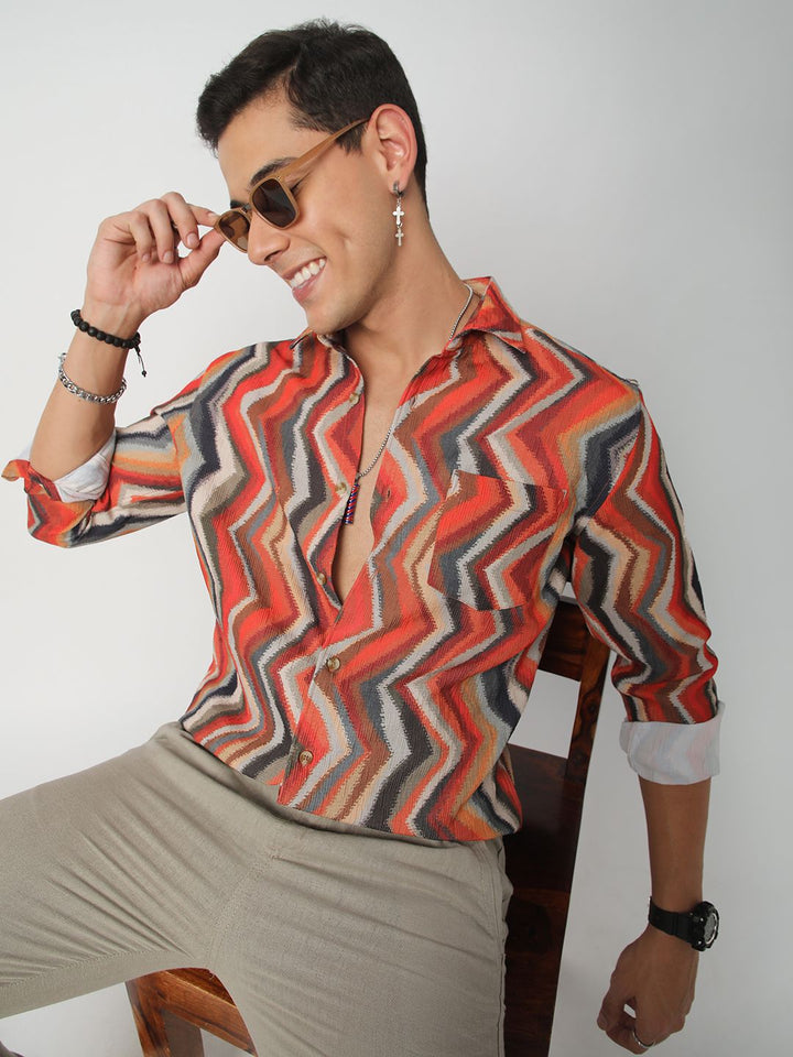 VASTRADO Men Classic Spread Collar Chevron Slim Fit Casual Shirt