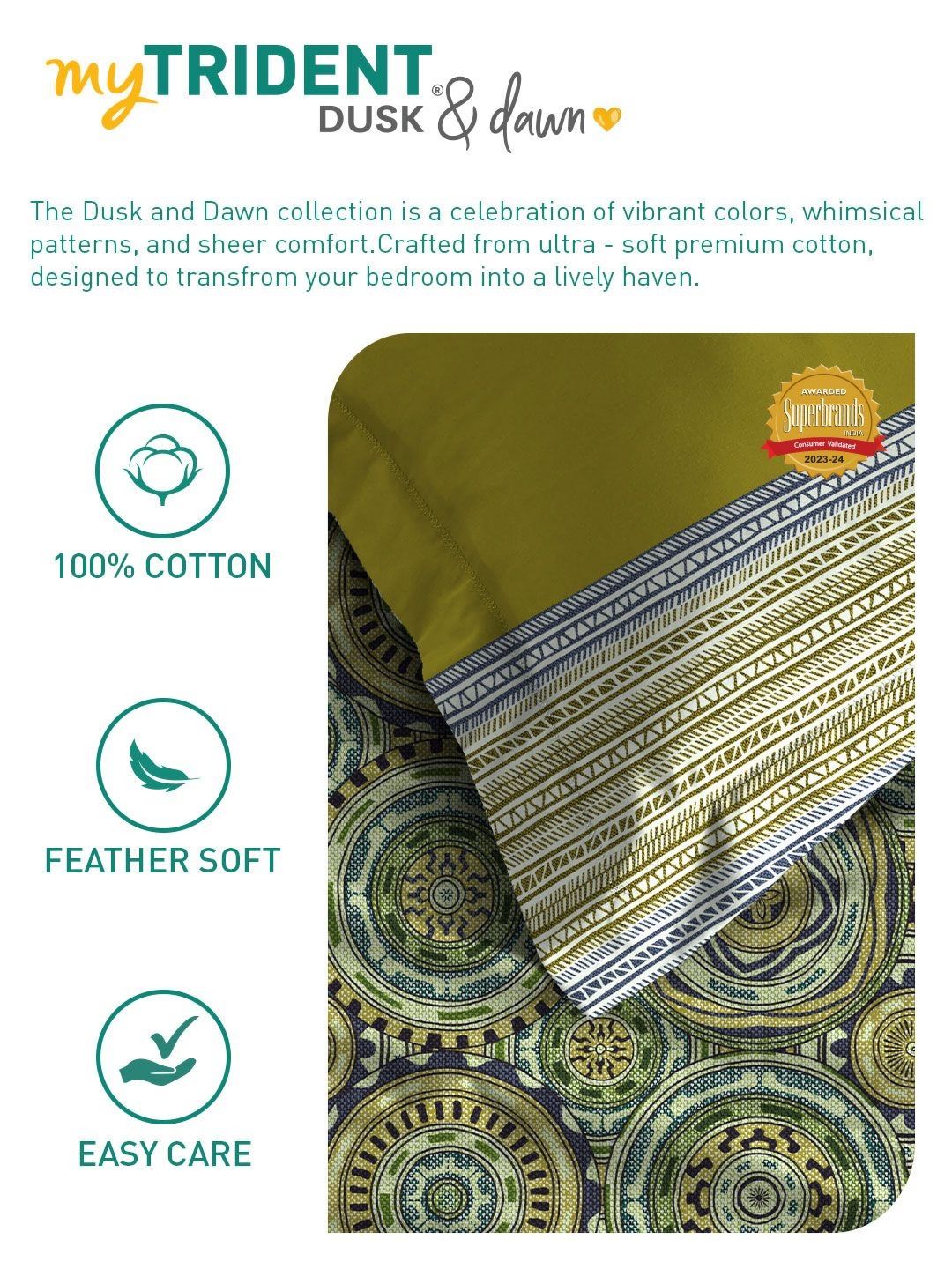 MYTRIDENT Blair Green Dusk & Dawn Flat 144TC Queen Cotton 1 Bedsheet with 2 Pillow Covers