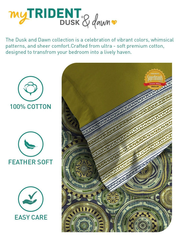 MYTRIDENT Blair Green Dusk & Dawn Flat 144TC Queen Cotton 1 Bedsheet with 2 Pillow Covers