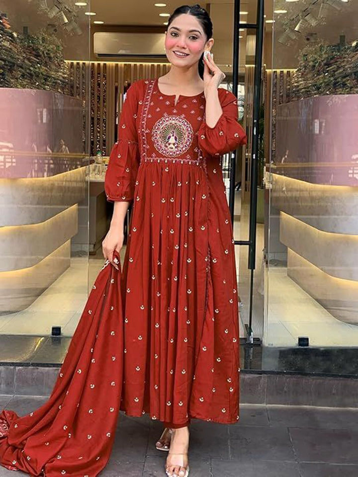 KALINI Women Ethnic Motifs Embroidered Anarkali Thread Work Kurta with Trousers & Dupatta