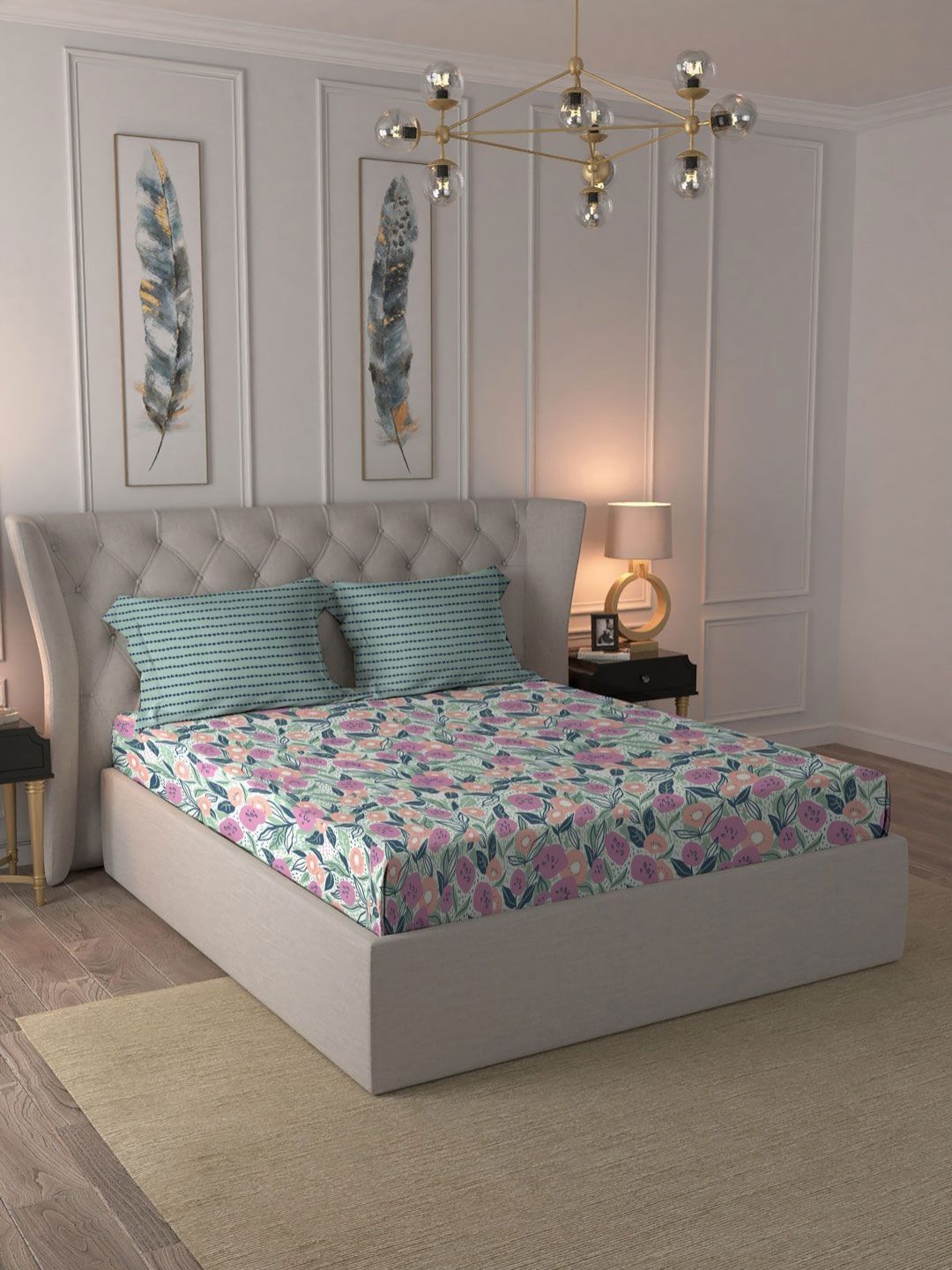 TRIDENT Jasmine Teal Moments Flat 120TC Queen Cotton Bedsheet Set