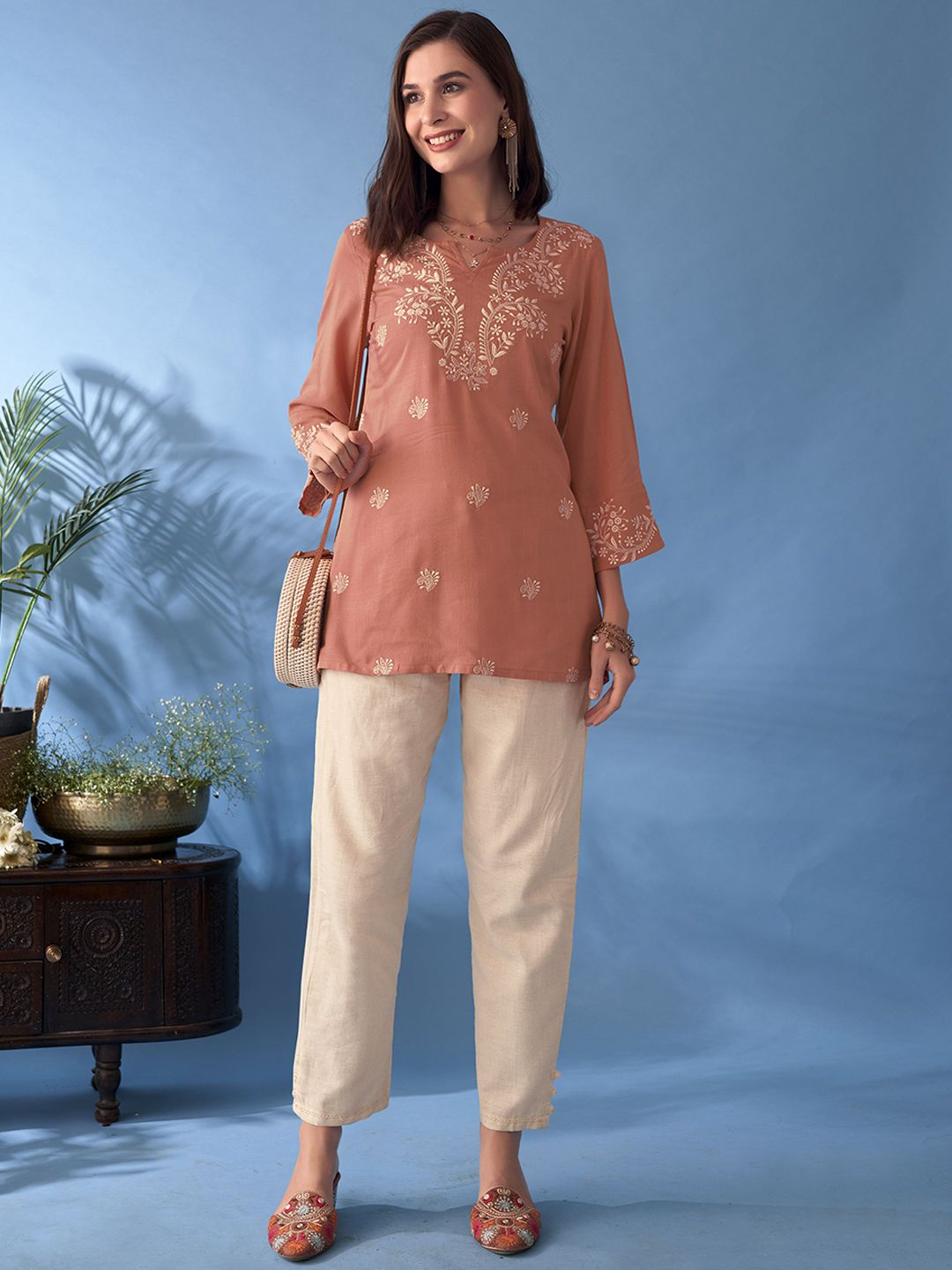 Anouk Floral Embroidered Notch Neck Straight Kurti