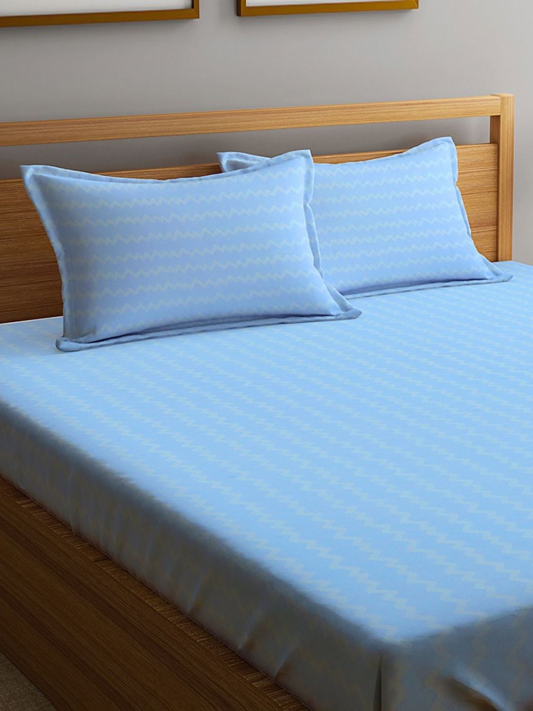 Myntra Elegant Homes Blue Chevron Polycotton 300 TC King Fine Bedsheet dengan 2 Sarung Bantal-98 x 87 inci