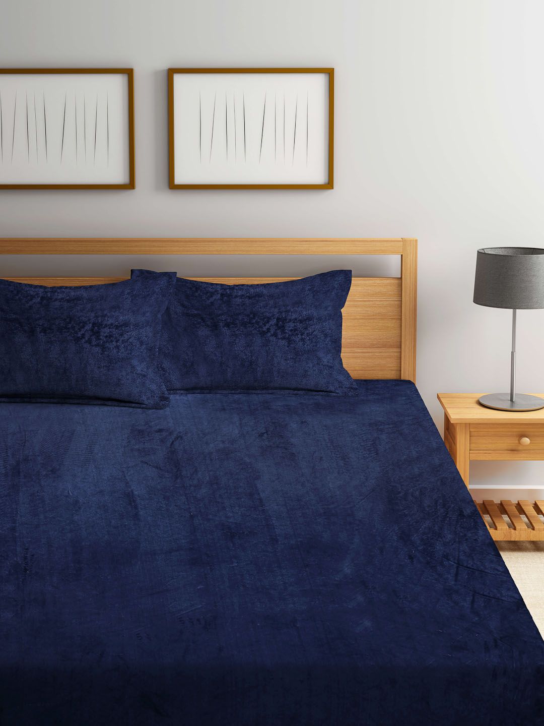 KLOTTHE Klotthe Blue Solid Flat 300 TC Woolen King Bedsheet With 2 Pillow Covers