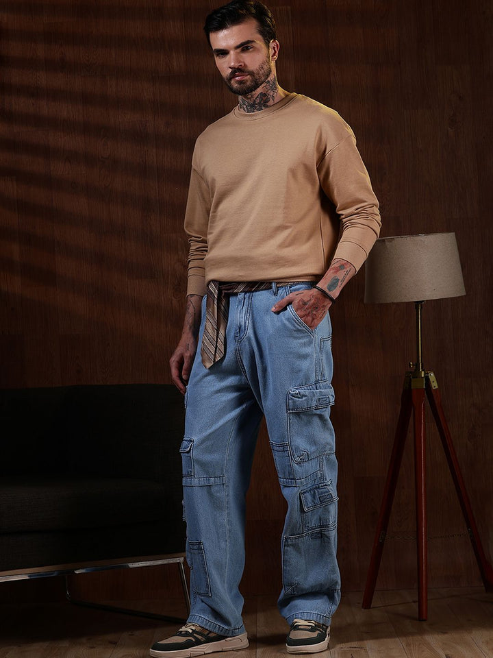 Eszett Lelaki Cotton Solid Leher Bulat Sweatshirt