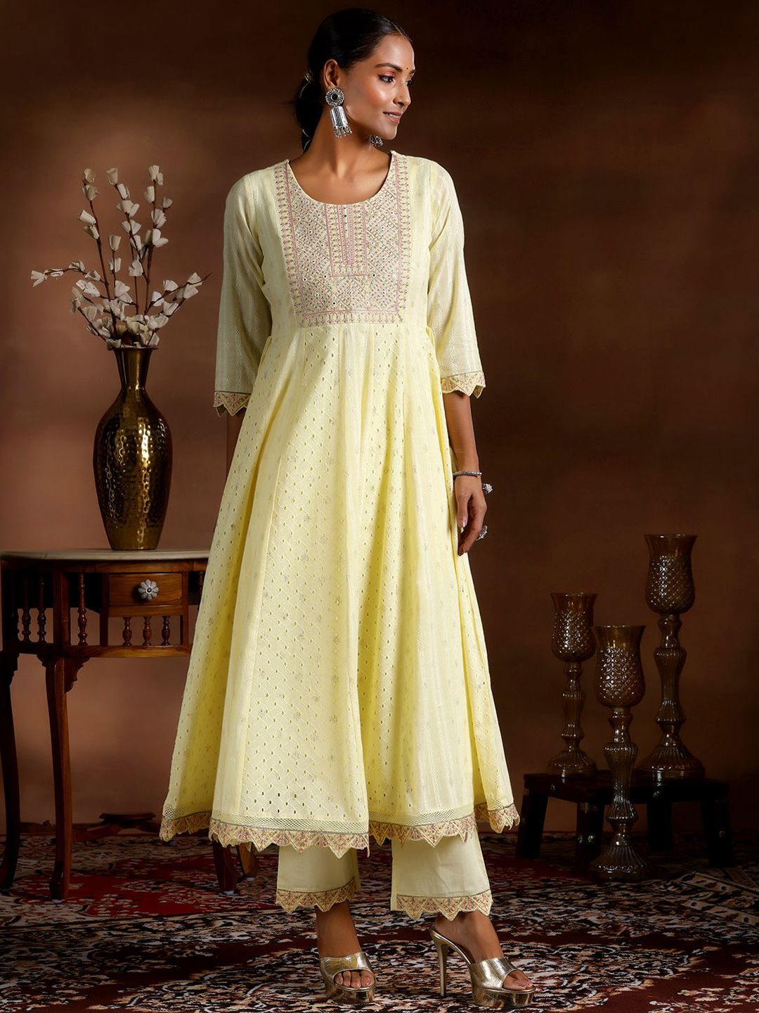 Libas Ethnic Motif Embroidered Sequinned Pure Cotton Anarkali Kurta With Trouser & Dupatta