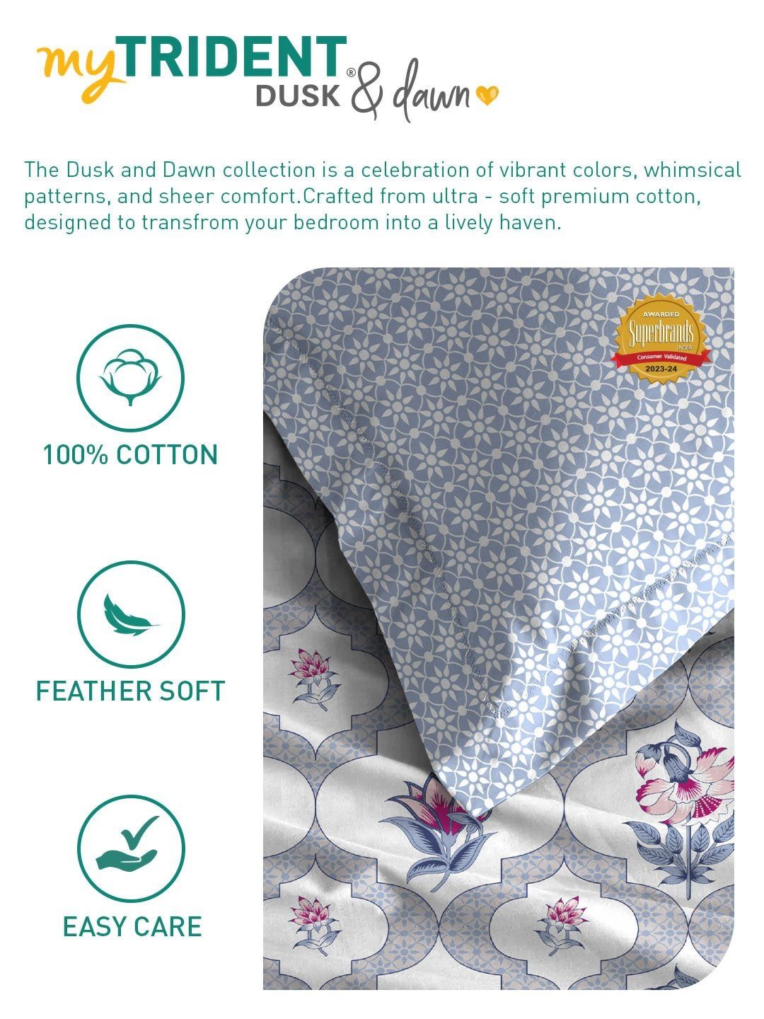 MYTRIDENT Blue Dusk & Dawn Flat 144TC Queen Cotton 1 Bedsheet with 2 Pillow Covers