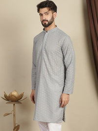 Anouk Motif Etnik Kelabu Bersulam Kolar Mandarin Lengan Panjang Kurta Benang Kapas