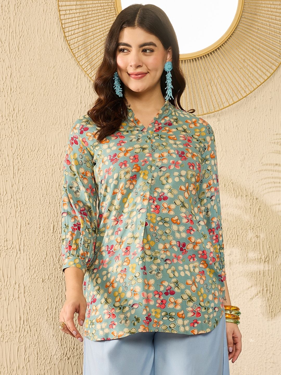 KALINI Women Floral Printed Cuffed Sleeves Mandarin Collar Top