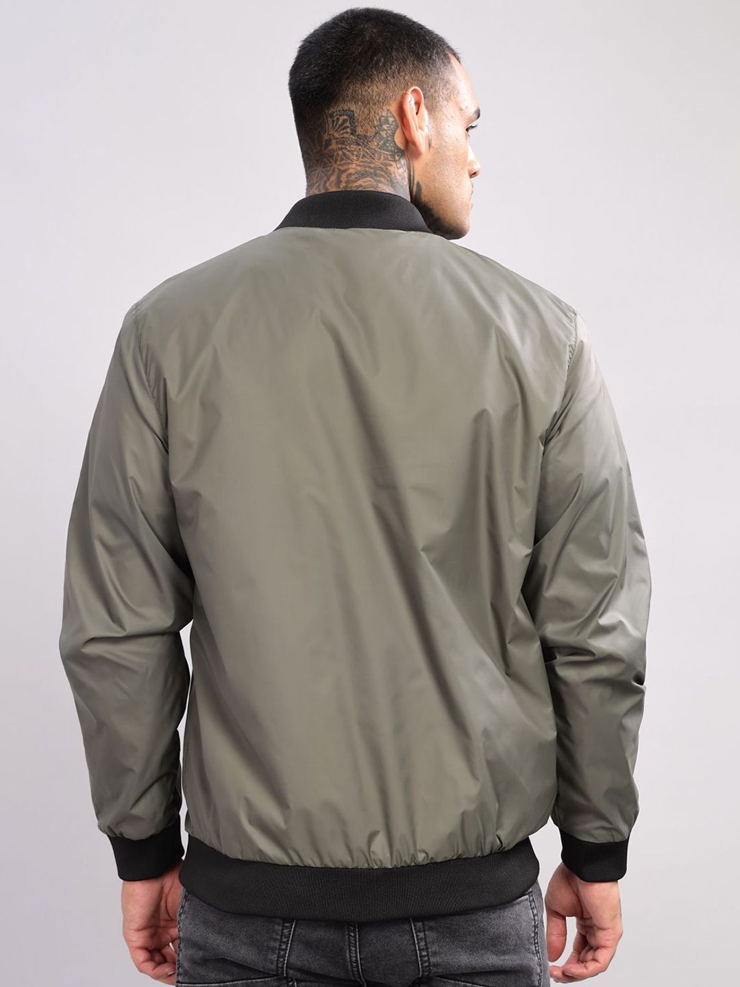 ADRO Men Stand Collar Solid Casual Bomber Jacket