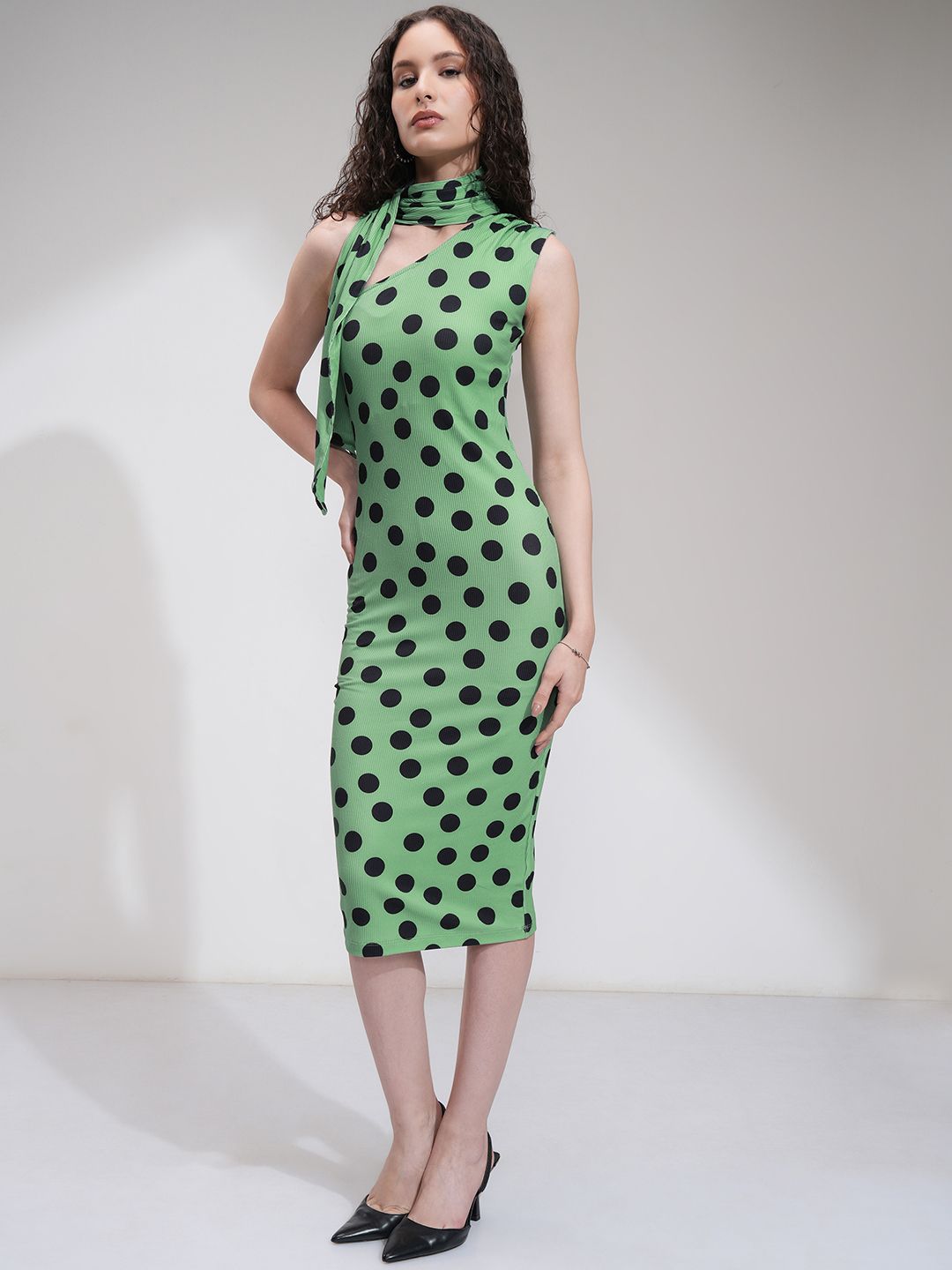 Tokyo Talkies Women Polka Dot One Shoulder Rib Midi Dress