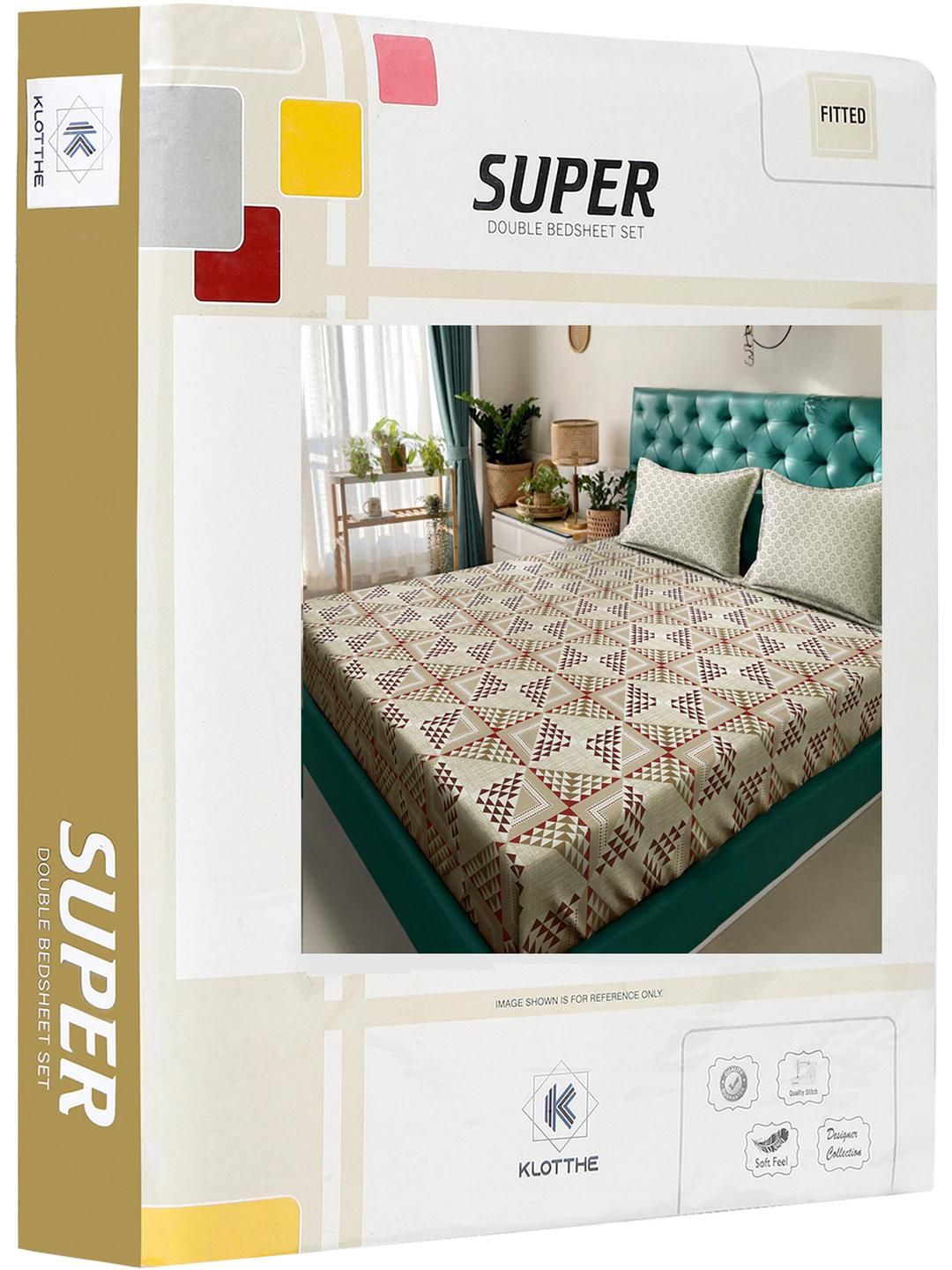 KLOTTHE Beige And Red Geometric Printed Cotton 400 TC Double Bedsheet Set 2.50 m x 2.20 m