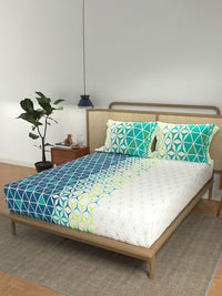 URBAN SPACE Divine Blue & White Geometric Cotton 144 TC Queen Bedsheet Set