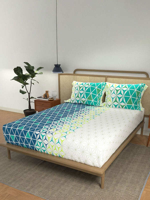 URBAN SPACE Divine Blue & White Geometric Cotton 144 TC Queen Bedsheet Set