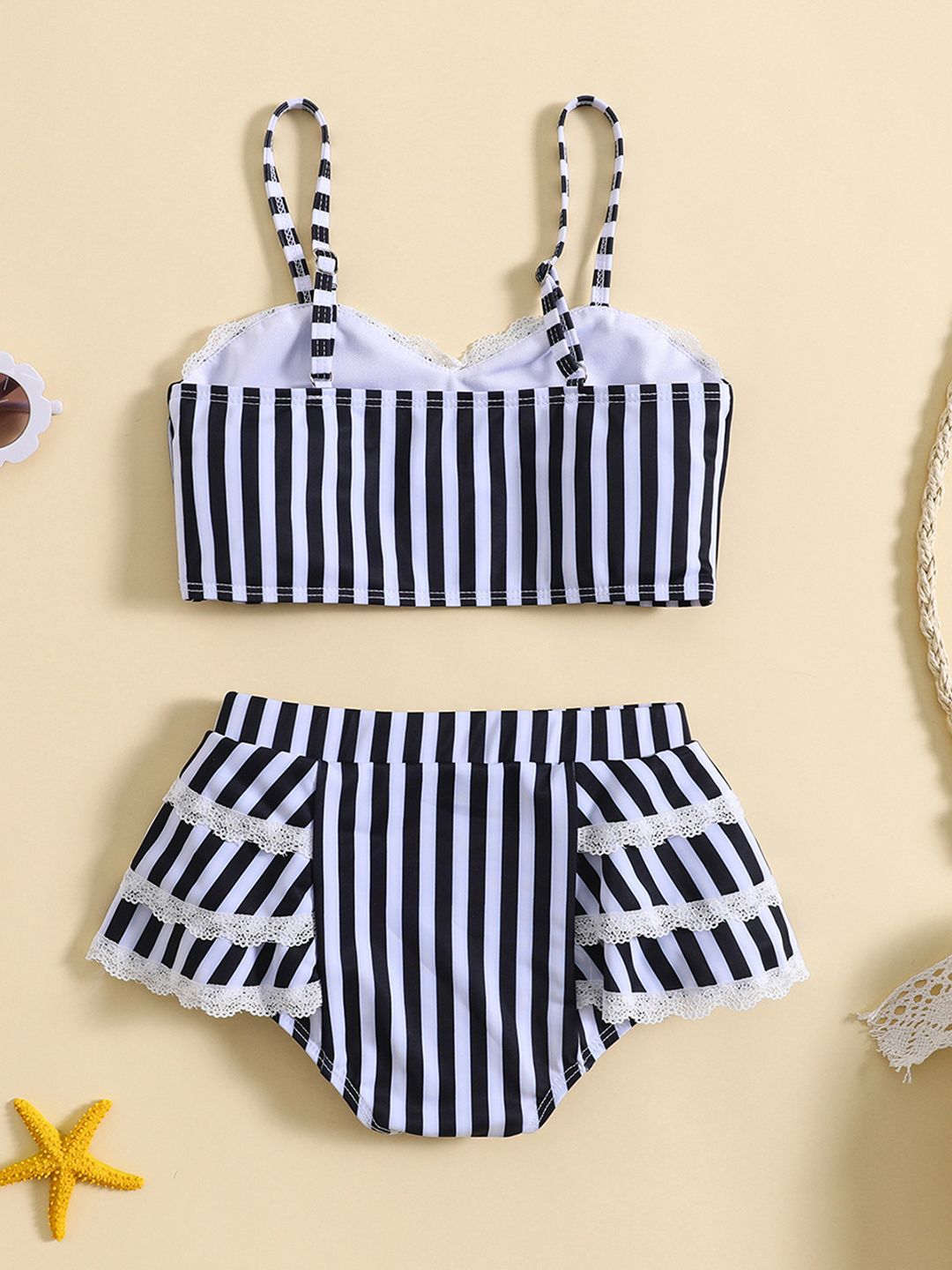YK Girls Striped Shoulder Straps Swim Bikini Set
