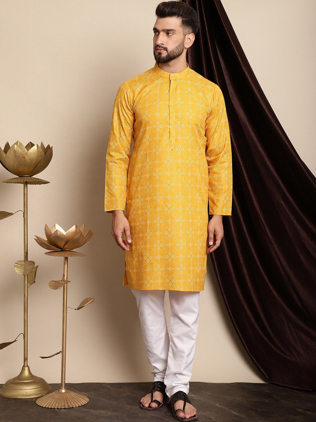 Anouk Mustard Yellow Ethnic Motifs Printed Regular Kurta with Churidar