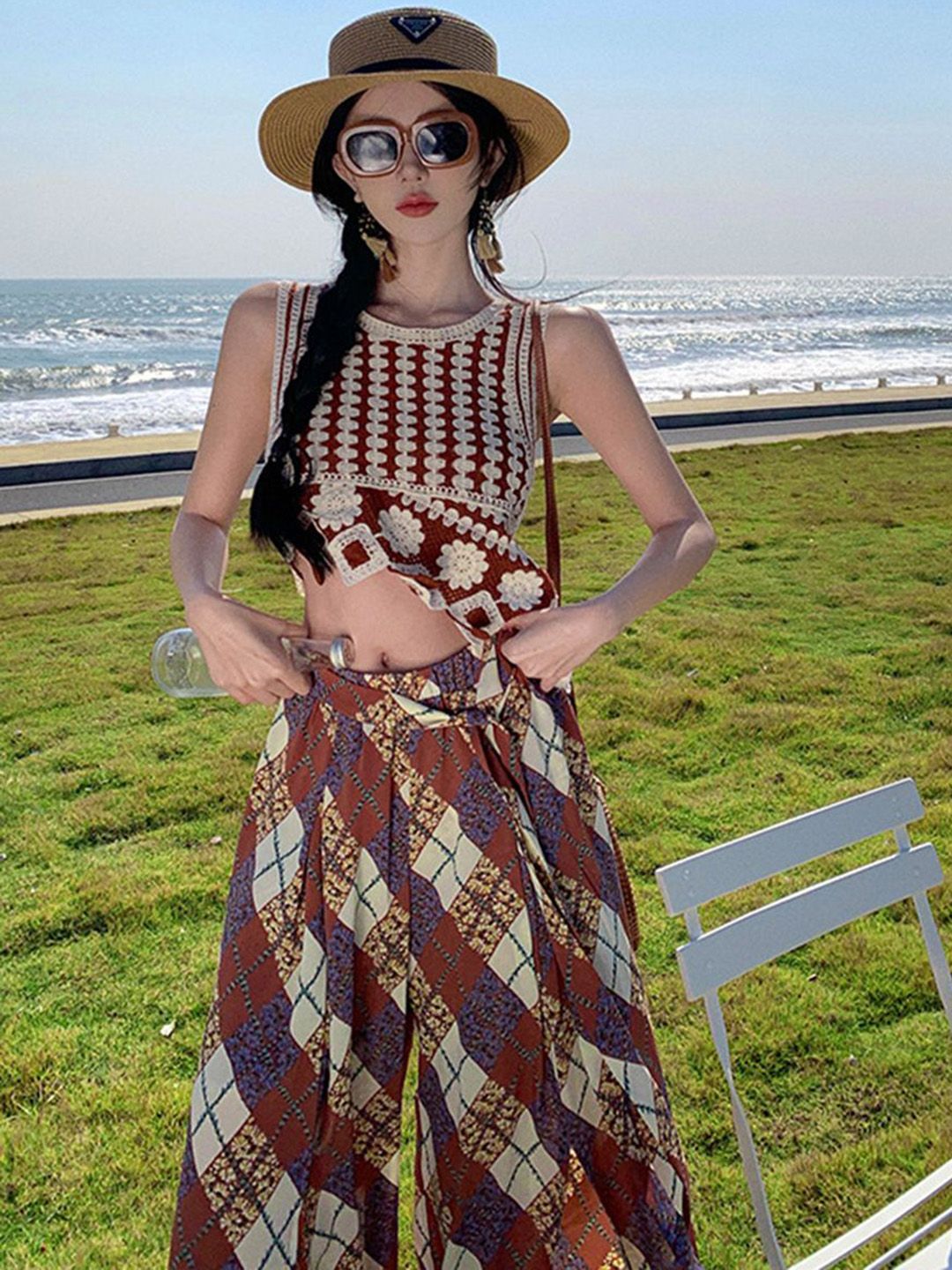 DressBerry Embroidered Round Neck Crop Top With Printed Maxi Skirt Co-Ords