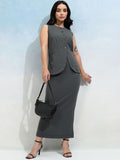 Tokyo Talkies Grey Round Neck Sleeveless Buttondown Blazer With Skirt