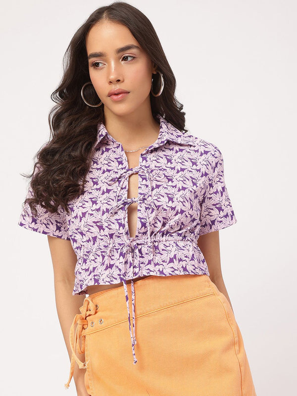 DressBerry Floral Tie-Up Cinched Waist Crop Top