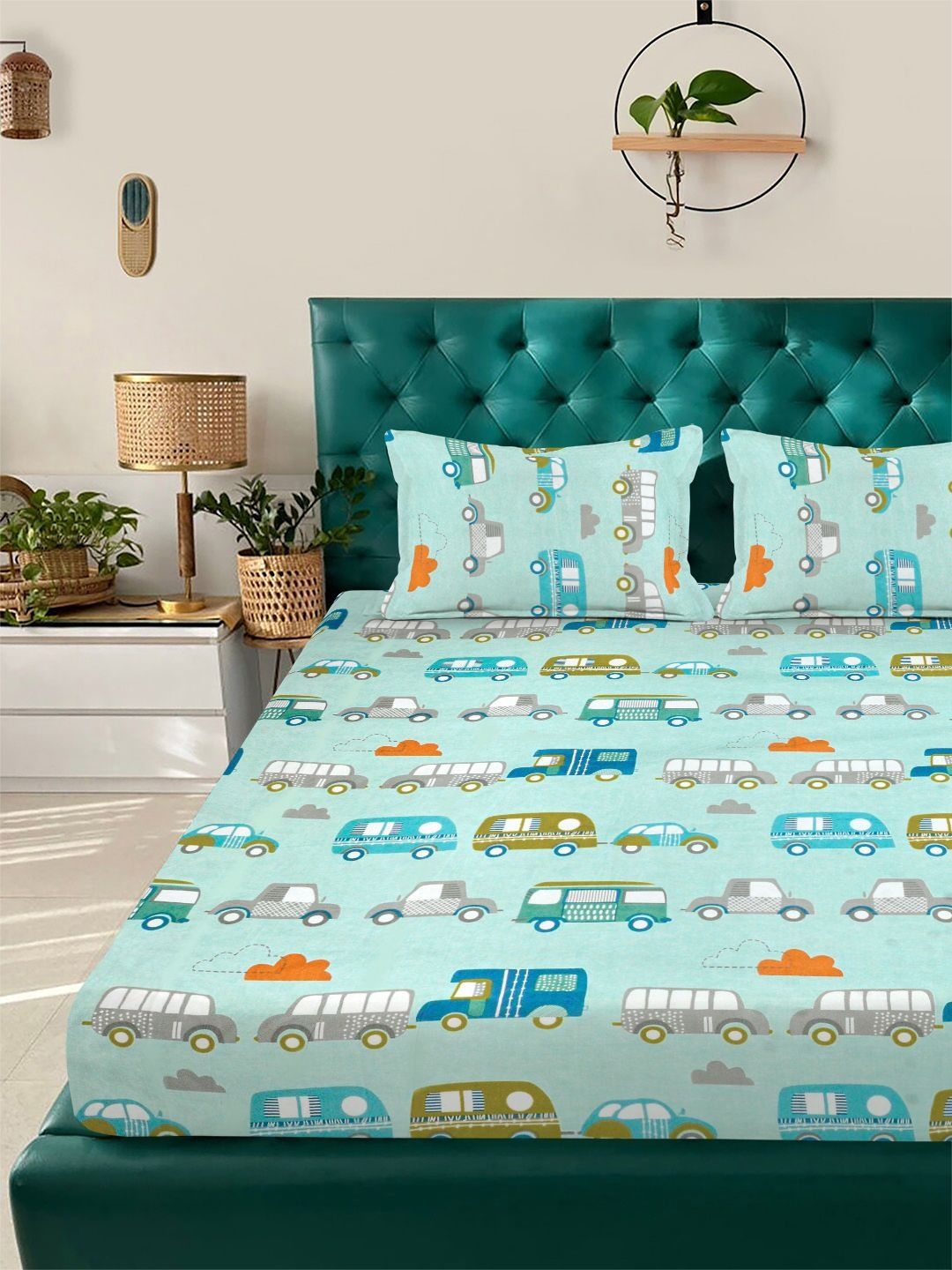 KLOTTHE Green Cartoon Characters 300 TC King Bedsheet & 2 Pillow Covers-98 Inch x 88 Inch