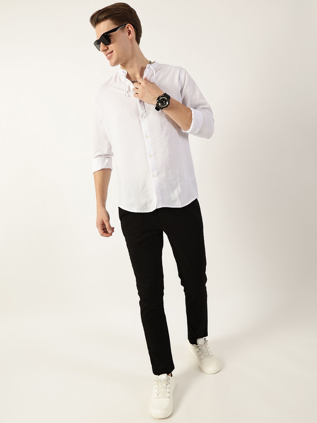 Thomas Scott Men Classic Mandarin Collar Solid Slim Fit Casual Shirt