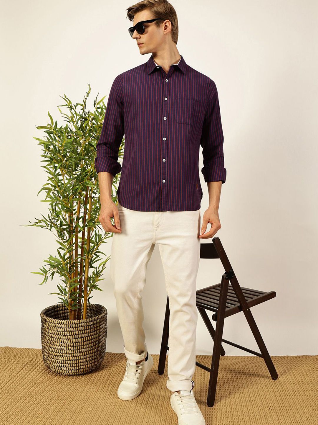 Thomas Scott Men Smart Spread Collar Vertical Striped Cotton Slim Fit Casual Shirt