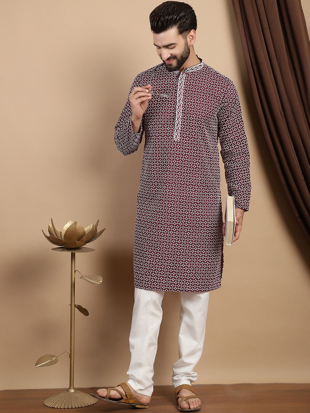 Anouk Embroidered Thread Work Cotton Mandarin Collar Straight Kurta with Churidar
