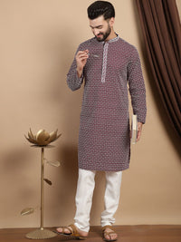 Anouk Embroidered Thread Work Cotton Mandarin Collar Straight Kurta with Churidar