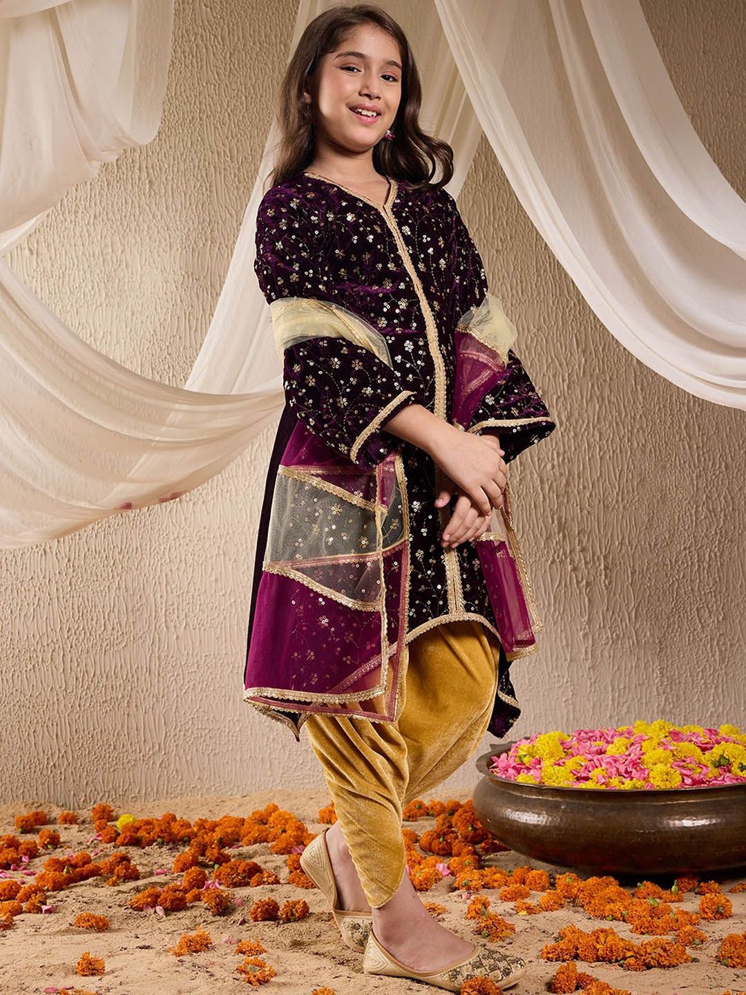 pspeaches Girls Floral Embroidered Velvet Kurta with Dhoti Pants & Dupatta