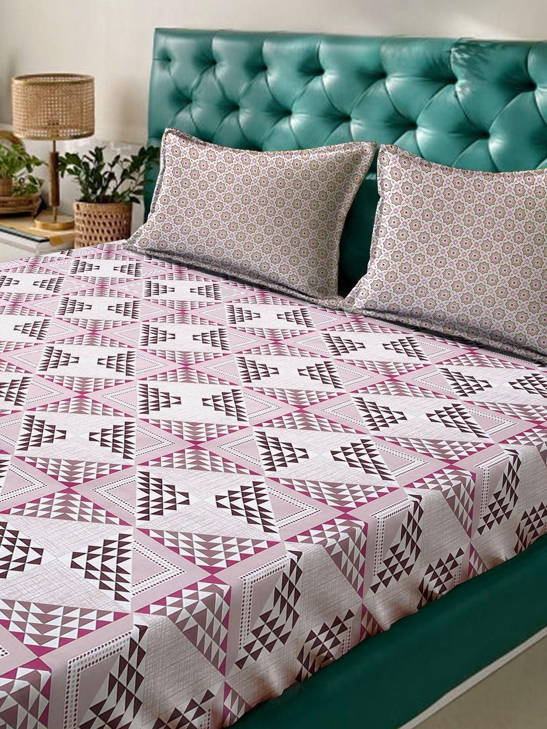 KLOTTHE Pink Geometrirc Printed Dilengkapi 400 TC Kapas Cadar King & 2 Sarung Bantal