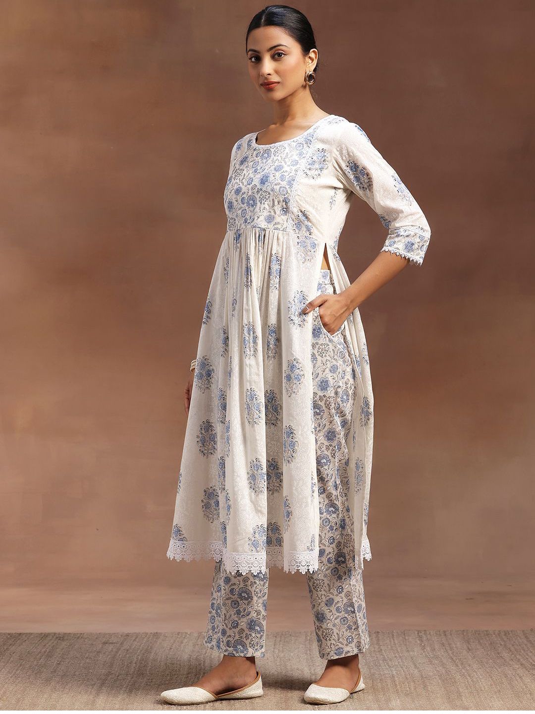 Libas Floral Printed Pleated Pure Cotton A-Line Kurta with Trousers & Dupatta
