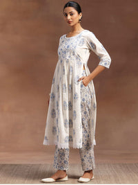 Libas Floral Printed Pleated Pure Cotton A-Line Kurta with Trousers & Dupatta