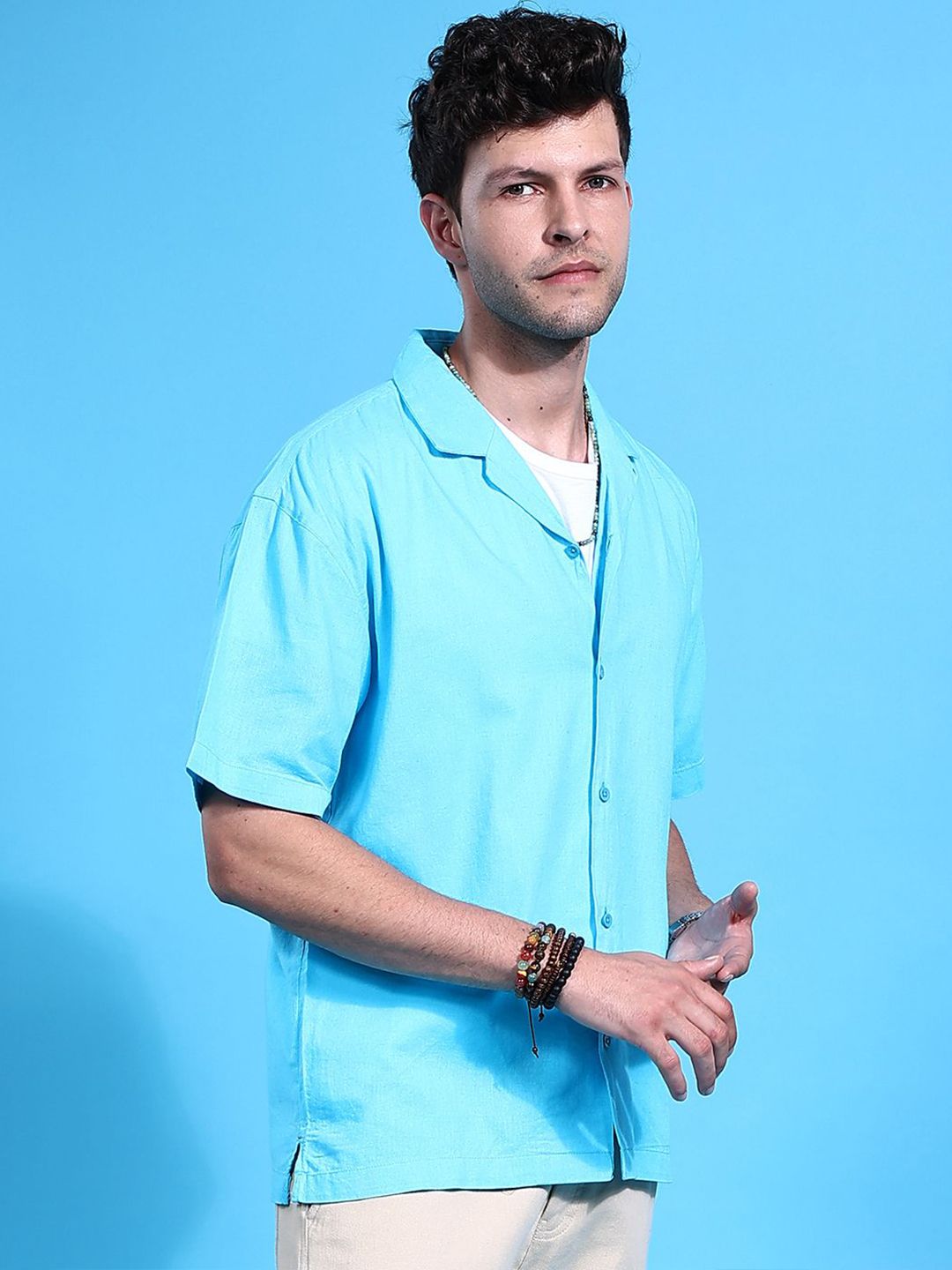 The Indian Garage Co Men Cuban Collar Relaxed Fit Pure Cotton Resortwear Shirt