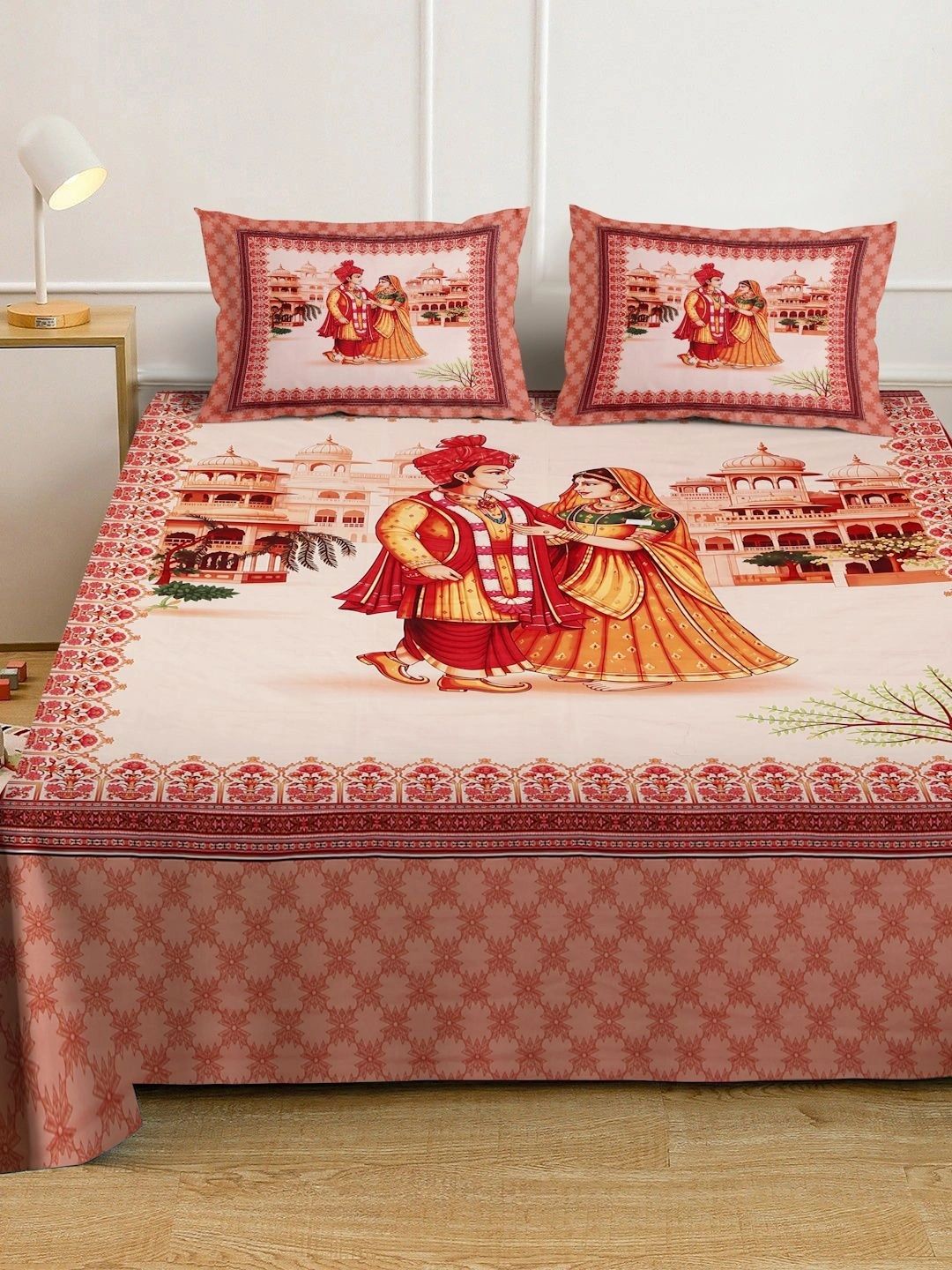 Myntra Elegant Homes Rust & Pink Ethnic Motifs 400 TC King Bedsheet dengan 2 Sarung Bantal