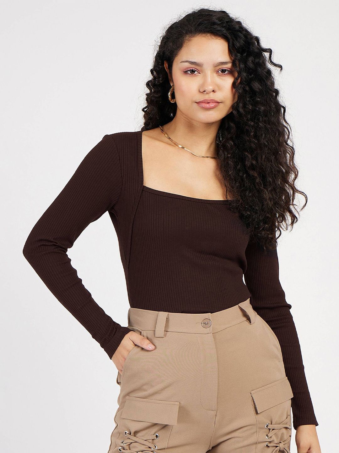 SASSAFRAS Women Rib Square Neck Full Sleeves Solid Top