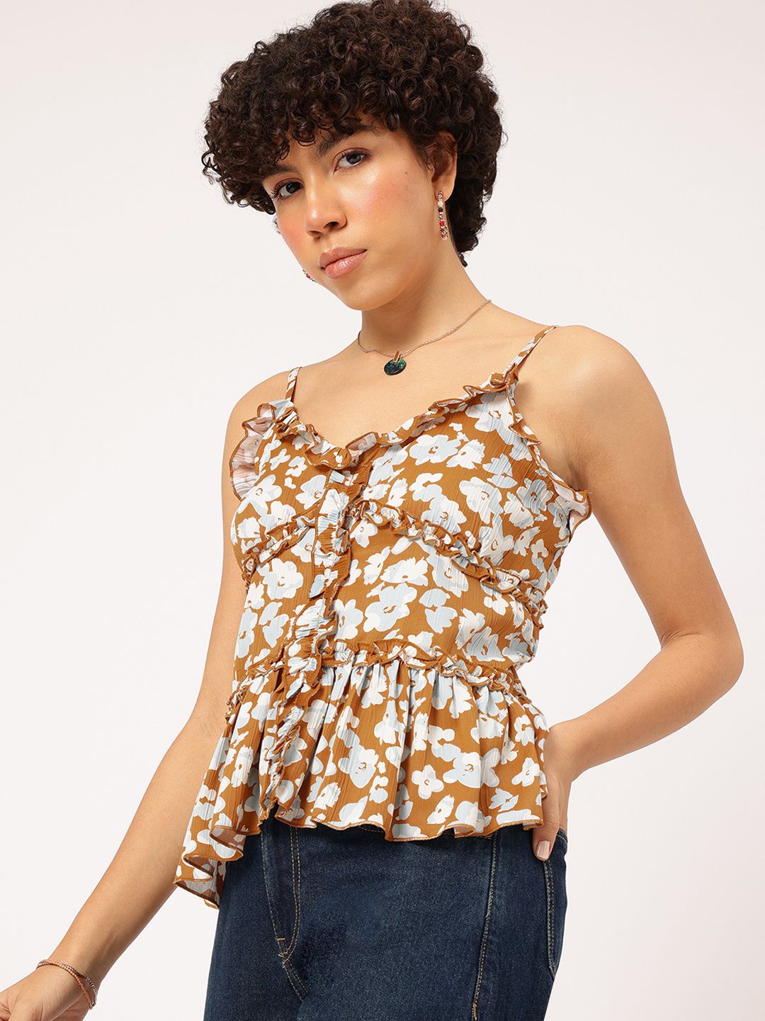 DressBerry Blooming Bold Strappy Floral Print Ruffled Top