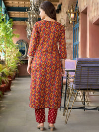 KALINI Geometric Printed Thread Work Straight Kurta With Trousers & Dupatta