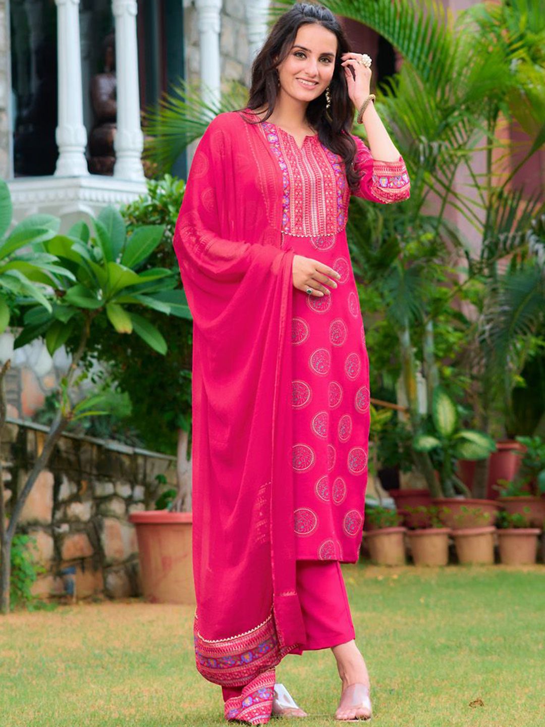 KALINI Floral Printed Gotta Patti Notch Neck Straight Kurta with Trousers & Dupatta