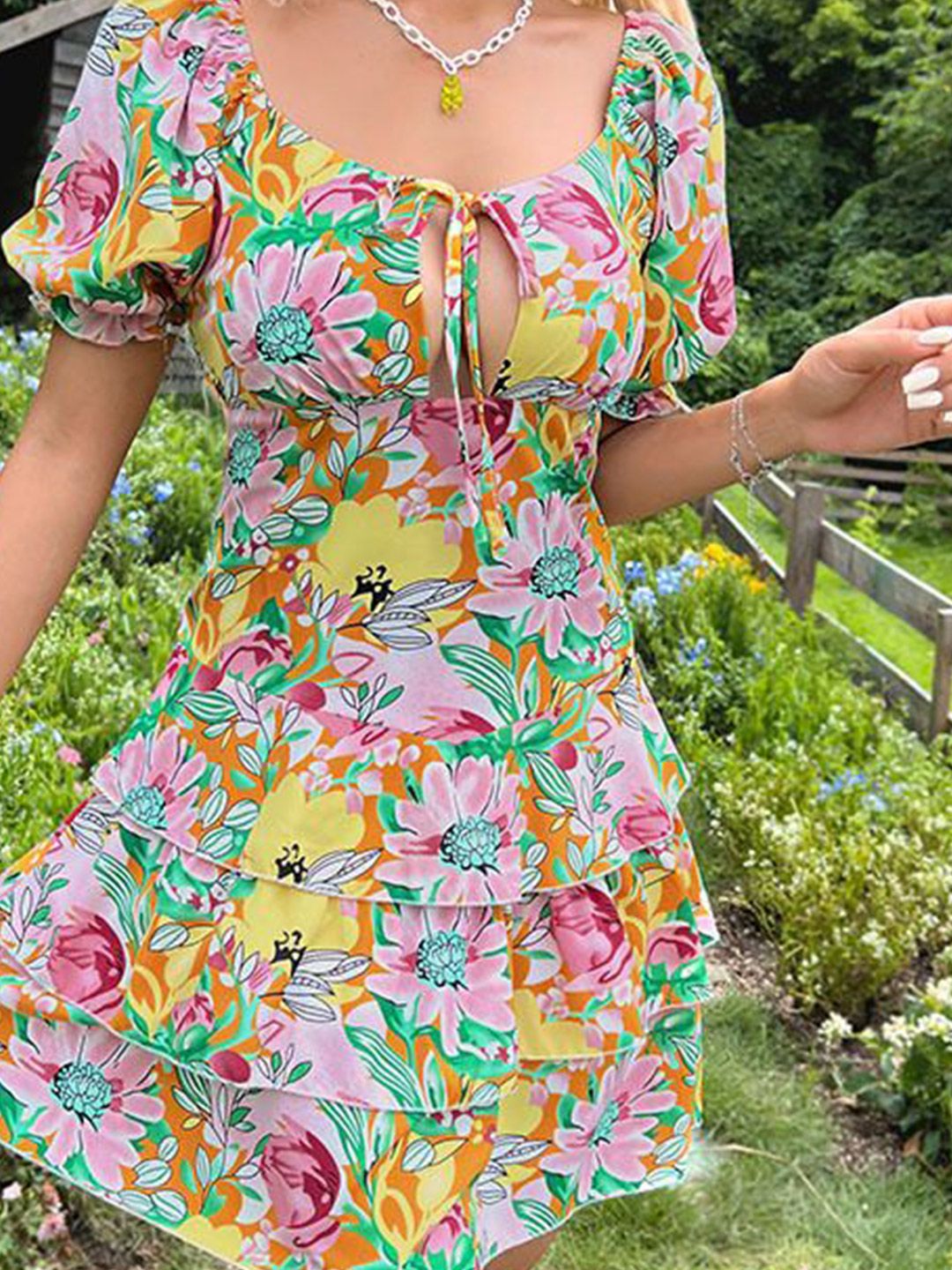 DressBerry Women Floral Print Satin  Tie Up Neck Fit & Flare Midi Dress