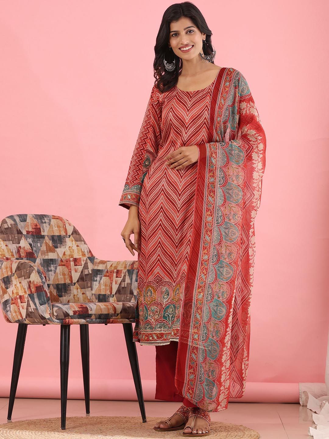 Mamicha Wanita Bercetak Kurta Kapas Tulen Biasa dengan Seluar & Dengan Dupatta