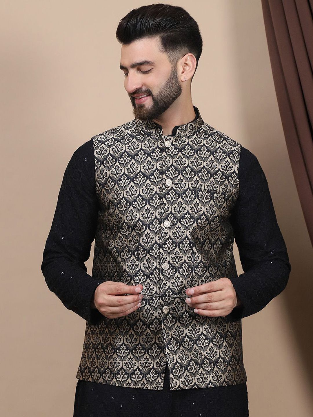 Anouk Black Floral Embroidered Sequinned Cotton Straight Kurta & Churidar & Nehru jacket