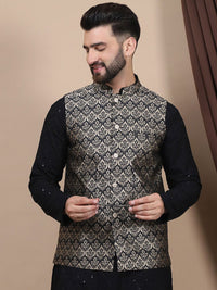 Anouk Black Floral Embroidered Sequinned Cotton Straight Kurta & Churidar & Nehru jacket