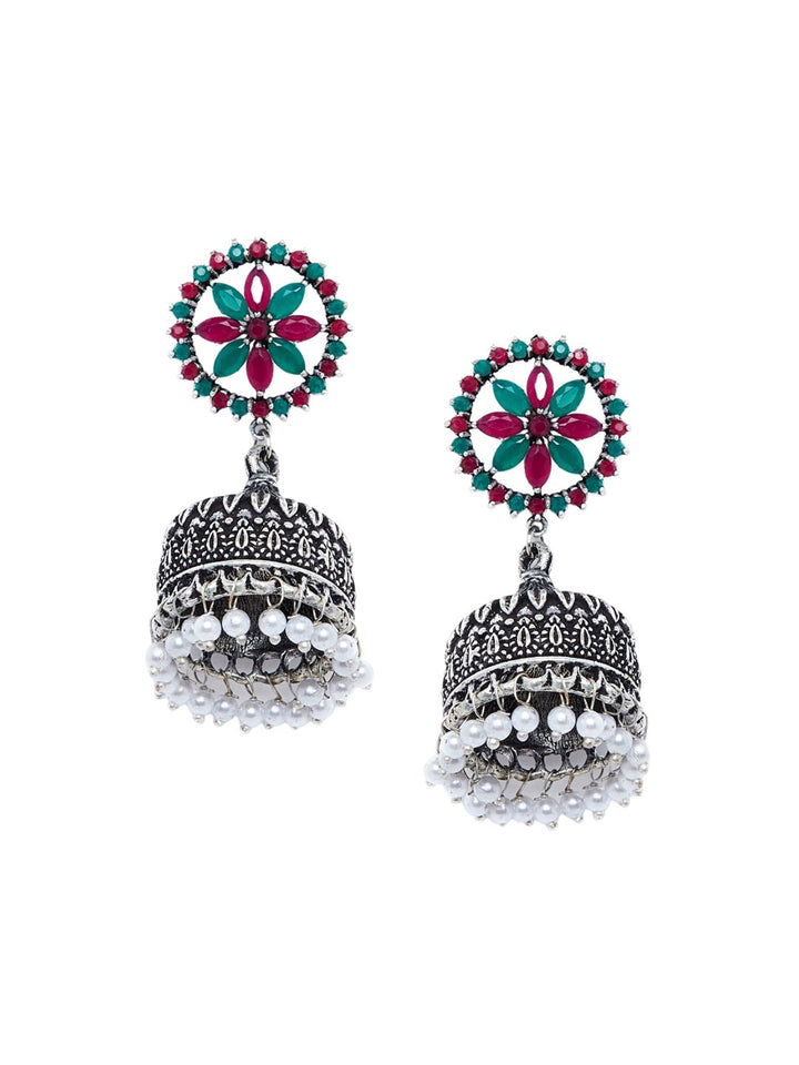 Anouk Red Silver-Plated Stone Studded & Beaded Dome Shaped Jhumkas