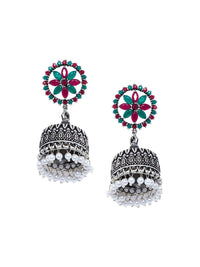 Anouk Red Silver-Plated Stone Studded & Beaded Dome Shaped Jhumkas