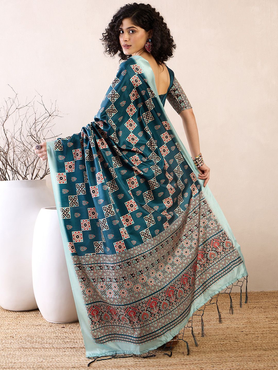 Saree mall modal Ajrak Block Satin Bagru SareesWith Blouse Piece
