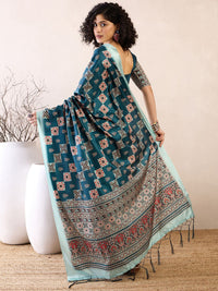 Saree mall modal Ajrak Block Satin Bagru SareesWith Blouse Piece