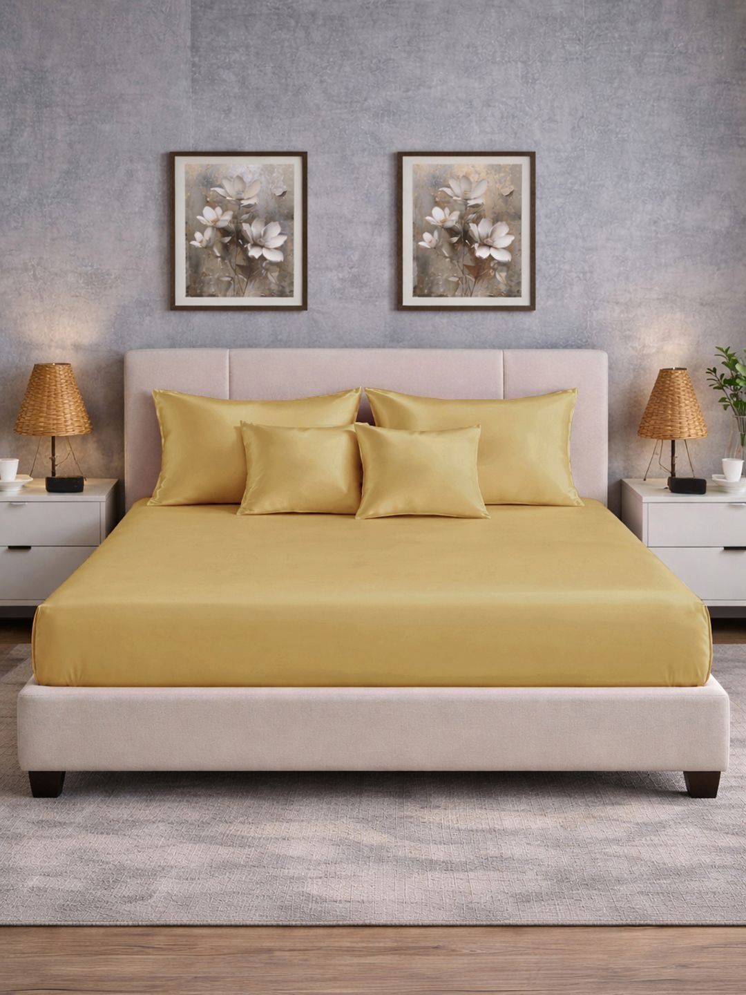 KLOTTHE Yellow 400TC Satin Super King Cadar Katil Double & 2 Sarung Bantal & 2 Sarung Kusyen