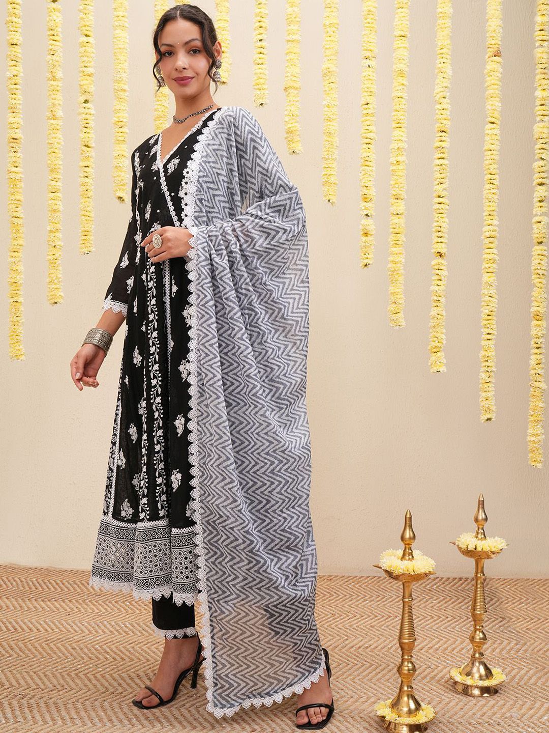 Vishudh Floral Embroidered Pure Cotton Anarkali Kurta & Trousers With Dupatta