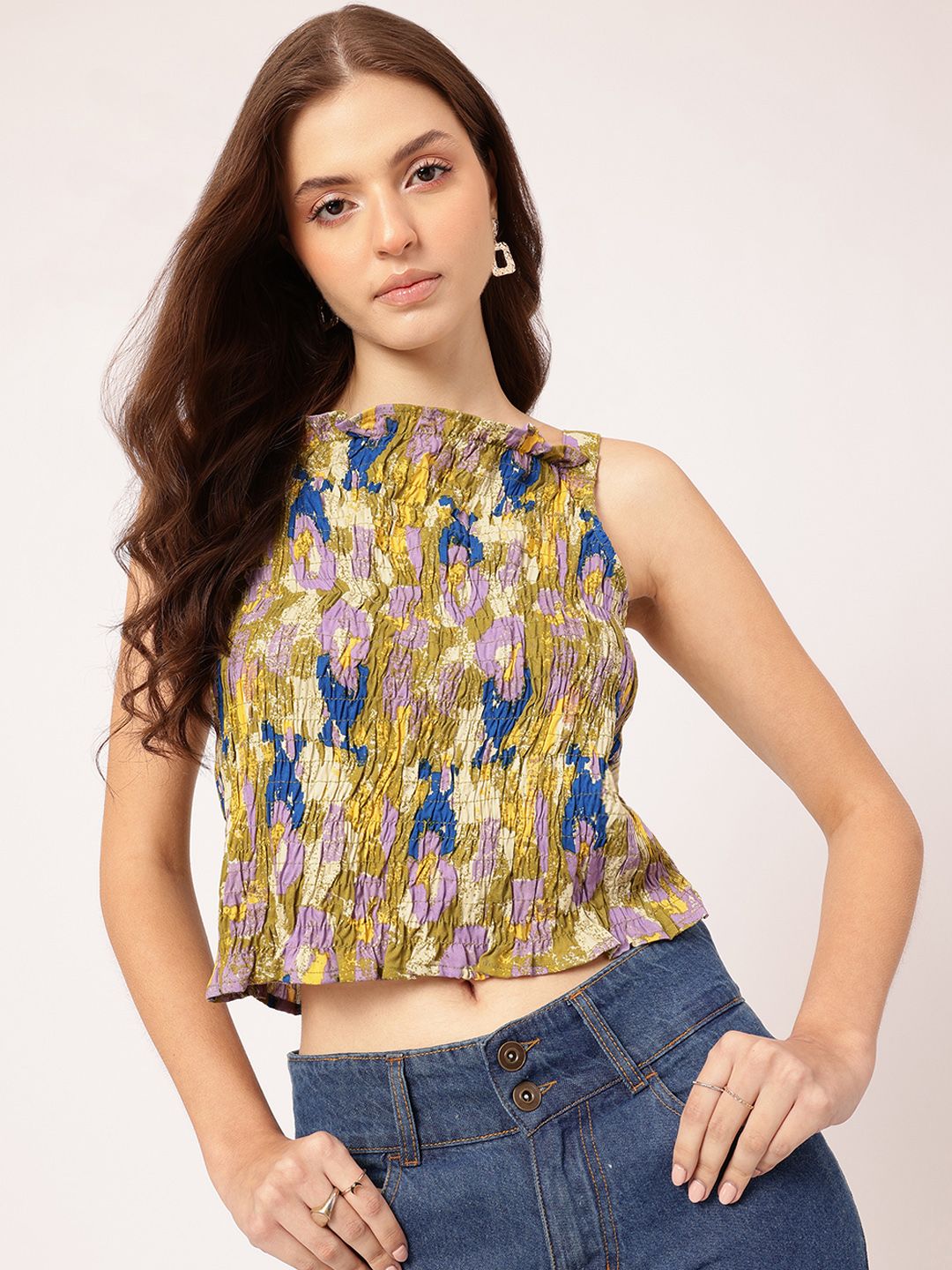 DressBerry Sunset Sizzle Printed Ruffled Smocked Bow-Detail Top